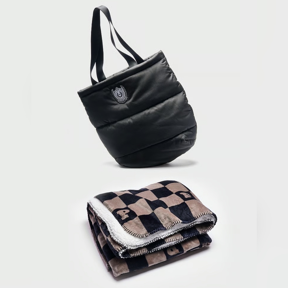 Victoria's Secret Tote Bag Purse Plush Plaid Brown Black Sherpa Blanket Set